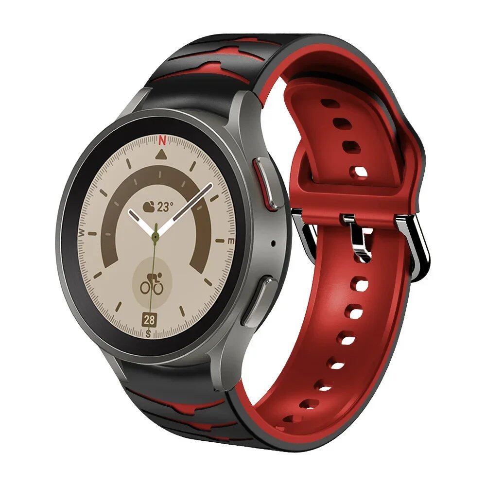 Compatible with Samsung Galaxy Watch 5 Pro (45mm), 6/5/4 (40mm), and 44mm. Two-tone silicone strap with no-grip. Compatible with Galaxy Watch 6/4 Classic (47mm), 43mm. Band Color: Compatible with Galaxy Watch 4, 5, 6, and 7. Parallel import.