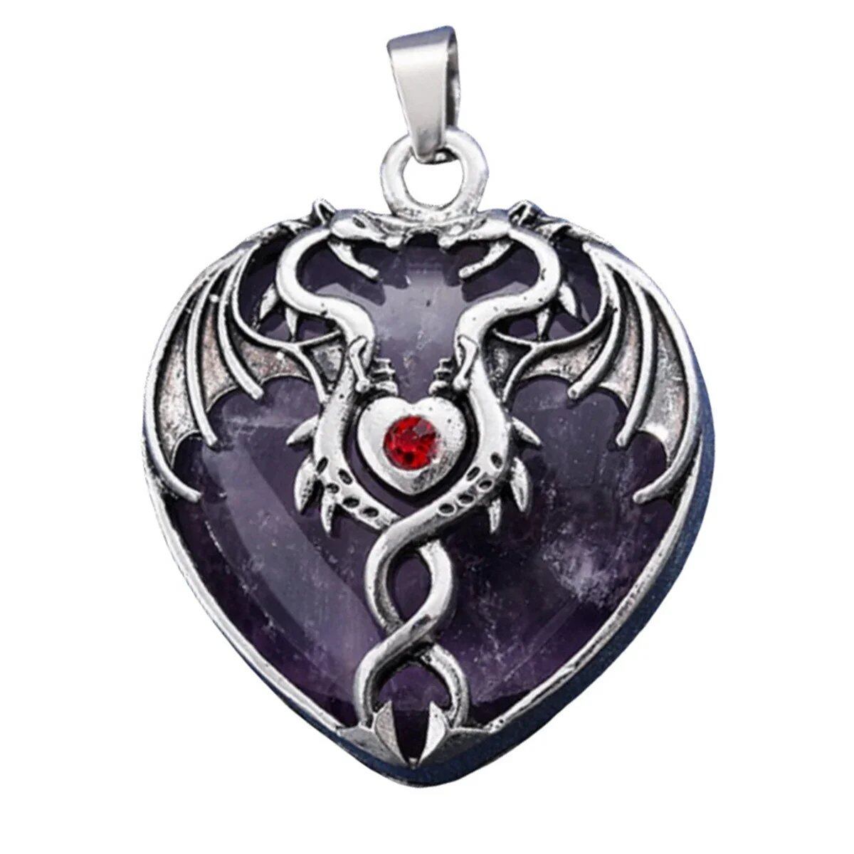 Natural Power Stone Heart-Shaped Antique Silver Alloy Double Dragon Pendant Top for DIY Jewelry Making, Healing, Chakra, and Spiritual Use, 32x42mm, Metal Color: Parallel Import