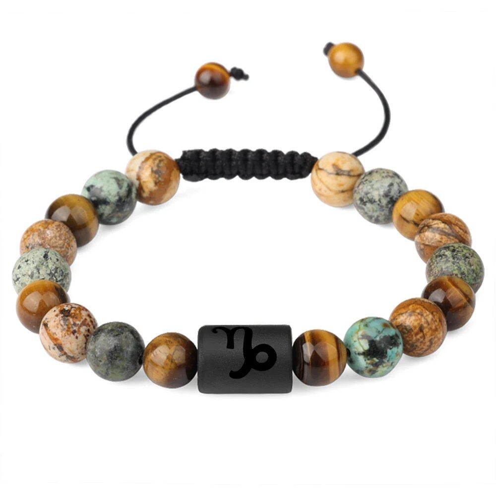12 Zodiac Sign Beaded Bracelet, Natural Tiger Eye Stone, Zodiac Sign Bracelet for Men and Women, Charm Jewelry, Gift, Metal Color: Parallel Import
