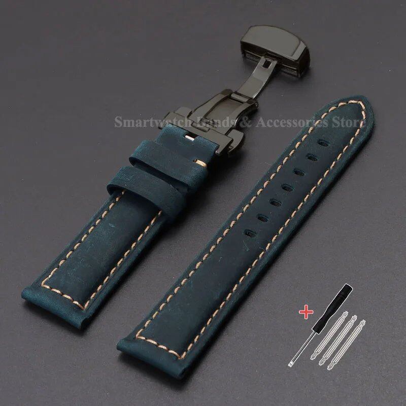 Vintage-style calf leather strap for Panerai and Seiko watches in sizes 20mm, 22mm, 24mm, and 26mm. Features a metal butterfly clasp. Band color: mm. Parallel import.