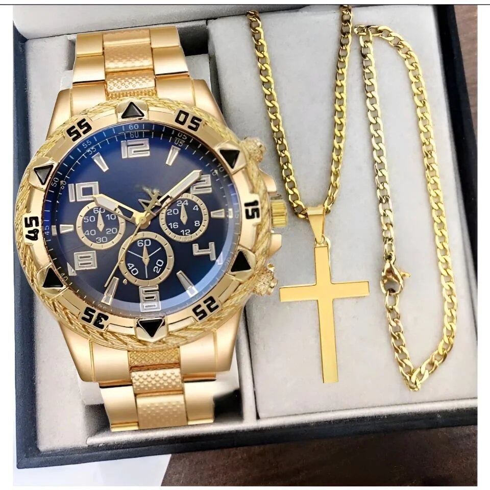 Keglect Men's Steel Band Quartz Watch with Digital Scale, Wristwatch, Necklace, and Bracelet Set; Customization Not Available; Ships from: Parallel Import