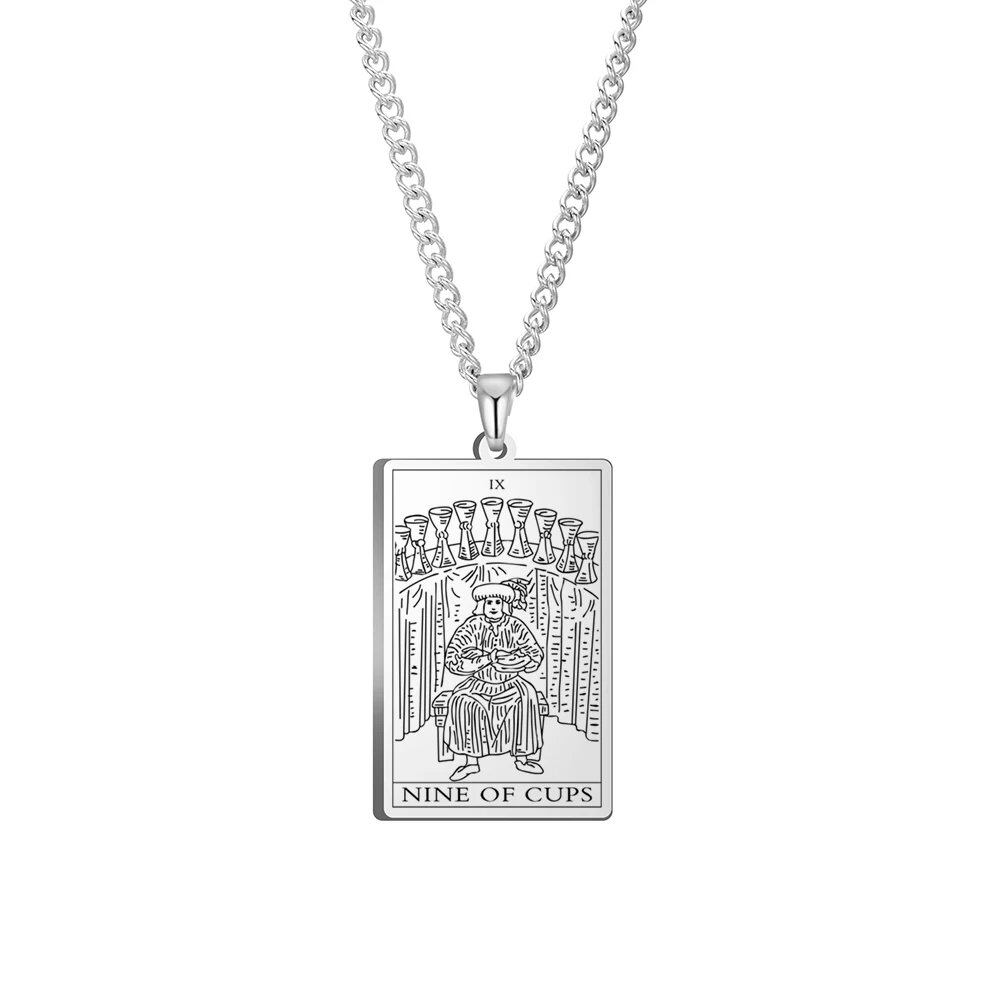 Dawapara Cups Tarot Card Link Chain Pendant Necklace, Vintage Amulet Necklace for Men and Women, Stainless Steel, Parallel Import