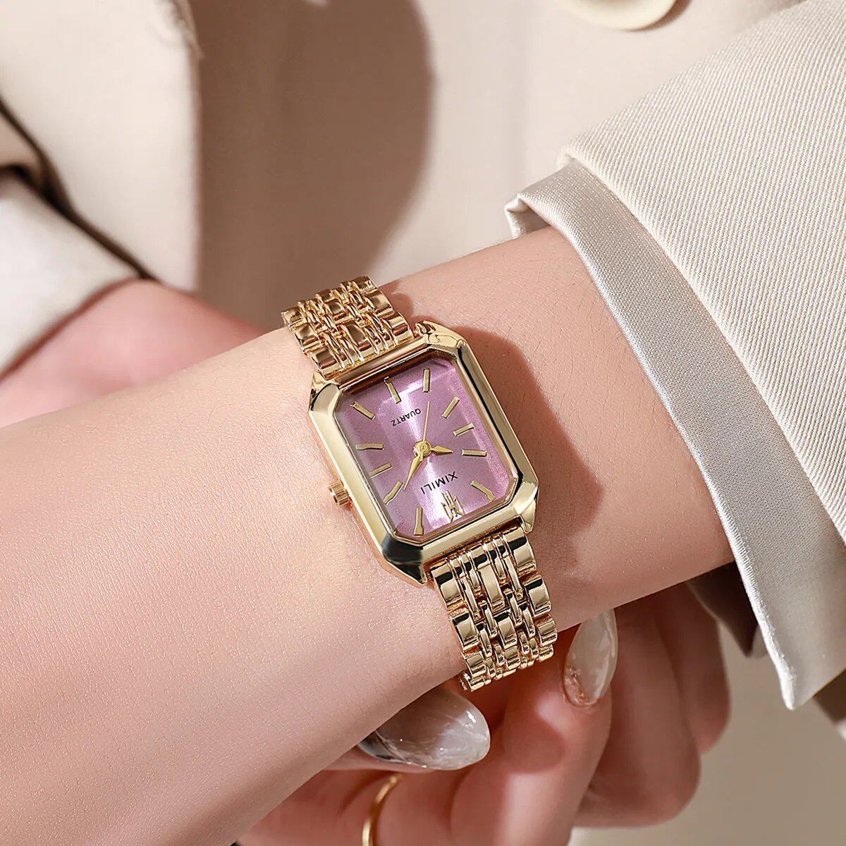 Women's Business Quartz Watch with Simple Square Dial, Luxury Stainless Steel, Gold-Plated, Folding Design, Parallel Import