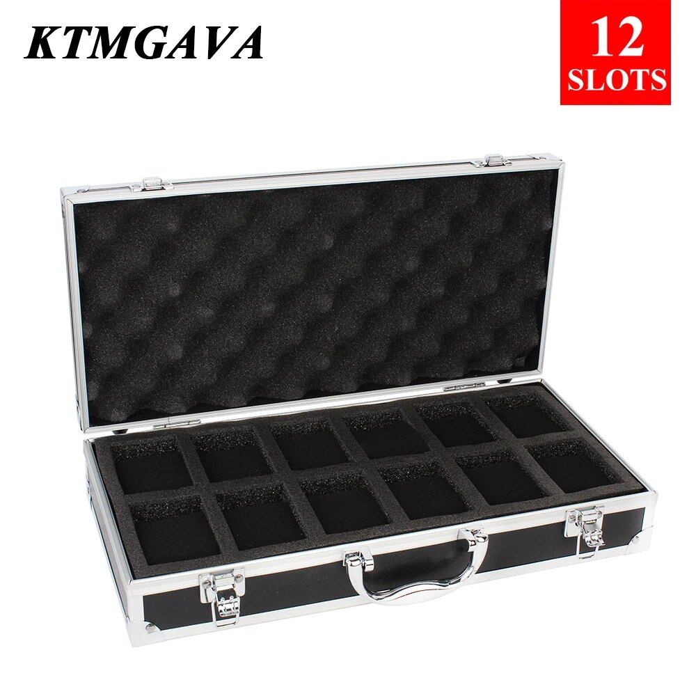 10/12" 18-Division Grid Aluminum Alloy Black Watch Storage Box, Jewelry Collection Box, Portable, Large Capacity, High-Quality Gift Box, Parallel Import