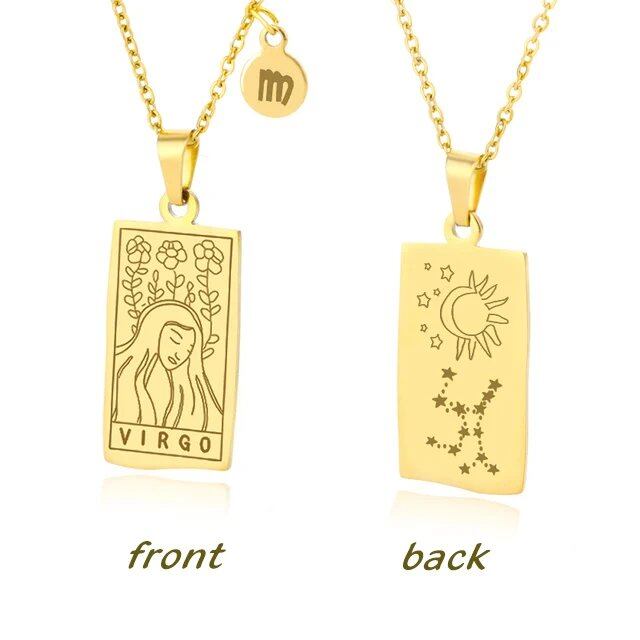 Stainless Steel 12 Zodiac Sign Necklace for Women, Zodiac Pendant, Gold Plated Square Clavicle Chain, Birthday Jewelry, Metal Color: Parallel Import
