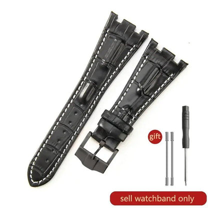 Sweat-resistant cowhide leather watch strap with folding buckle for AP Royal Oak Offshore models 15710, 15703, 15706, 26470, 26170, 26133, 26471, and 26474. Band Color: Brown; Band Width: 28mm. Imported.