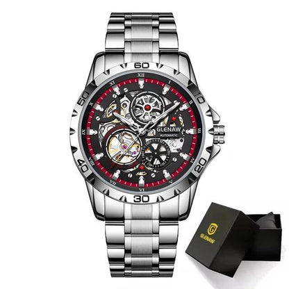 Grenau Steampunk Skeleton Men's Watch with Ring, Luxury Automatic Mechanical Watch, Luminous and Waterproof, Stainless Steel Strap, Parallel Import