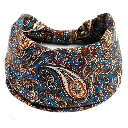 New Boho Floral Print Wide Headband with Vintage Knot Elastic Turban Headwrap for Women and Girls, Cotton Soft Bandana Hair Accessory, Parallel Import