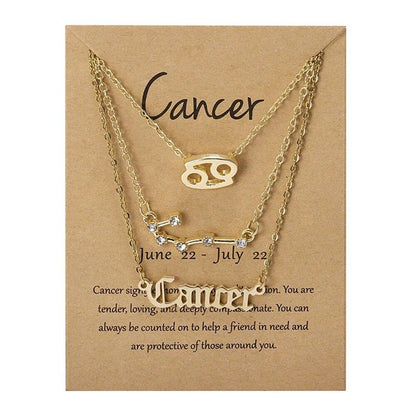 Set of 3 Women's 12 Zodiac Sign Necklaces with Pendant Chains, Chokers, Birthday Jewelry, Cardboard Cards, 45cm Long; Metal Color: 6252, Parallel Import
