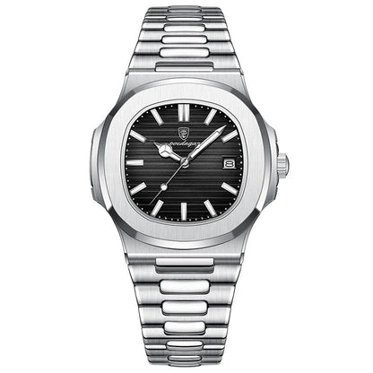 POEDAGAR Stainless Steel Men's Watch, Waterproof, Business Style, with Calendar, Quartz Movement, Luxury Laminated Square Design, Parallel Import