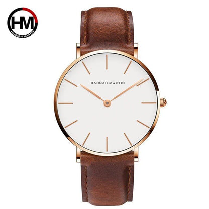 High-quality rose gold dial leather waterproof watch for men and women, dress fashion, Japanese quartz movement, color C, parallel import