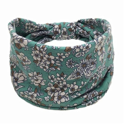 New Boho Floral Print Wide Headband with Vintage Knot Elastic Turban Headwrap for Women and Girls, Cotton Soft Bandana Hair Accessory, Parallel Import