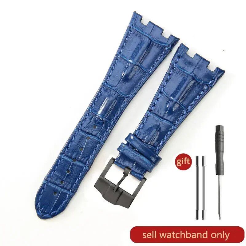 Sweat-resistant cowhide leather watch strap with folding buckle for AP Royal Oak Offshore models 15710, 15703, 15706, 26470, 26170, 26133, 26471, and 26474. Band Color: Brown; Band Width: 28mm. Imported.