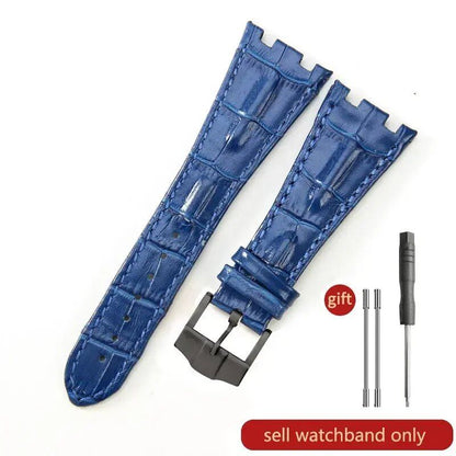 Sweat-resistant cowhide leather watch strap with folding buckle for AP Royal Oak Offshore models 15710, 15703, 15706, 26470, 26170, 26133, 26471, and 26474. Band Color: Brown; Band Width: 28mm. Imported.