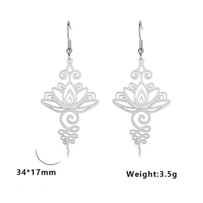 Stainless Steel Lotus Flower Earrings, Spiritual Chakra, Unalome Symbol Drop, Women's, Yoga, Buddhism, Unique Jewelry, Gemstone Color: Color, Parallel Import