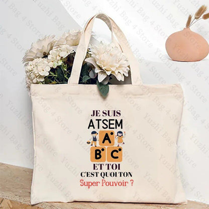 ATSEM フランス語 プレゼント トートバッグ - 教育アシスタント・保育プロフェッショナル向け コンパクトショッピングバッグ 女性用ショルダーバッグ カラー 並行輸入品