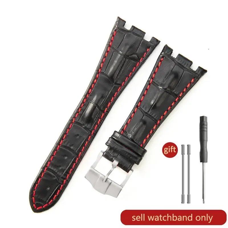 Sweat-resistant cowhide leather watch strap with folding buckle for AP Royal Oak Offshore models 15710, 15703, 15706, 26470, 26170, 26133, 26471, and 26474. Band Color: Brown; Band Width: 28mm. Imported.