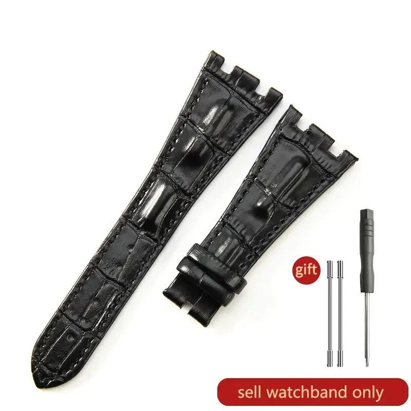Sweat-resistant cowhide leather watch strap with folding buckle for AP Royal Oak Offshore models 15710, 15703, 15706, 26470, 26170, 26133, 26471, and 26474. Band Color: Brown; Band Width: 28mm. Imported.
