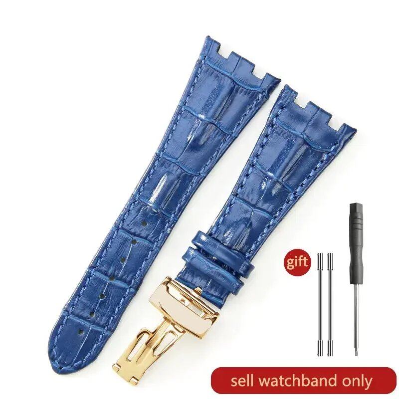 Sweat-resistant cowhide leather watch strap with folding buckle for AP Royal Oak Offshore models 15710, 15703, 15706, 26470, 26170, 26133, 26471, and 26474. Band Color: Brown; Band Width: 28mm. Imported.