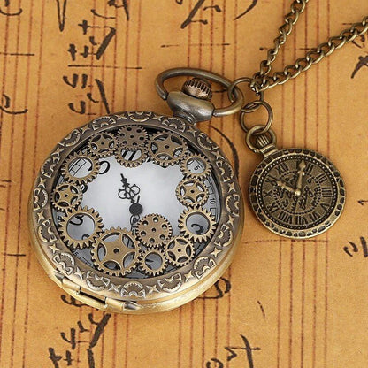 Vintage Pocket Watch Pendant Necklace - Hollow Gear Wheel Design Bronze Quartz Watch, Casual Clock, Stylish Keepsake Gift, Parallel Import