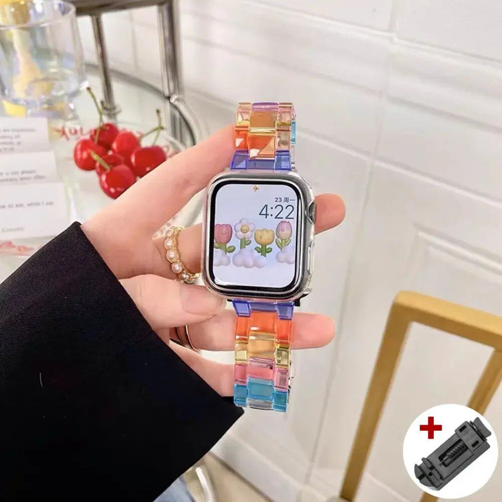 Rainbow Resin Transparent Band for Apple Watch Ultra 2 (49mm, 10, 46mm, 7, 8, 9, 41, 45mm, 38, 40, 42, 44mm) - iWatch SE, 6, 5 Strap. Band Color: ; Ships from: Parallel Import