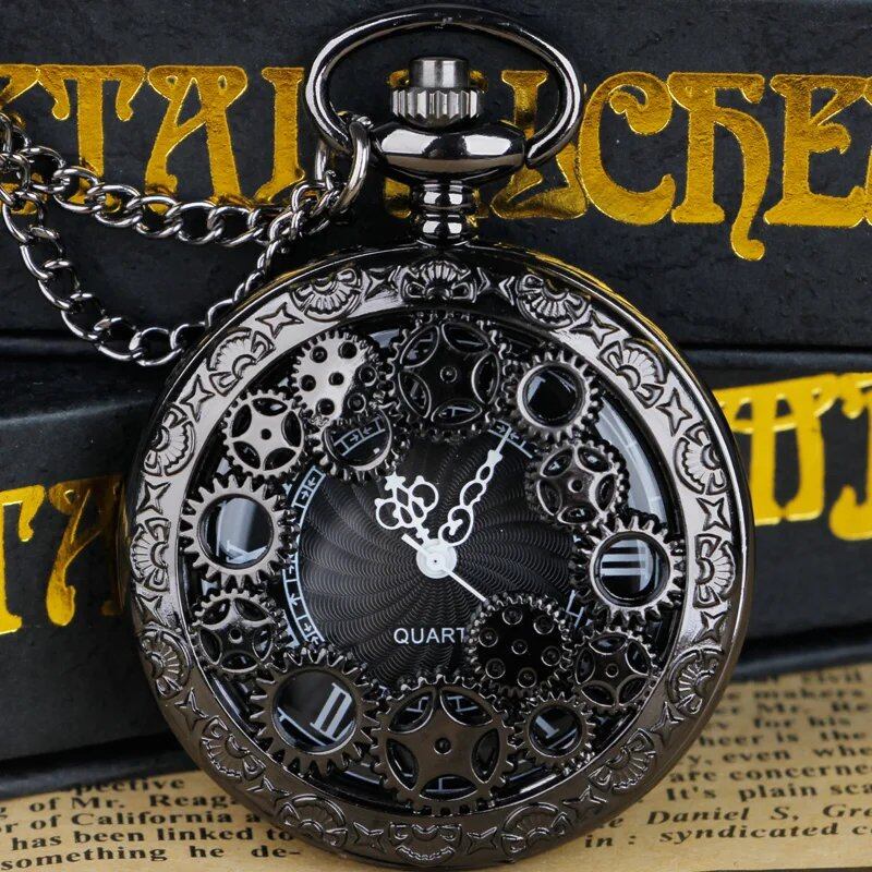 Vintage Pocket Watch Pendant Necklace - Hollow Gear Wheel Design Bronze Quartz Watch, Casual Clock, Stylish Keepsake Gift, Parallel Import