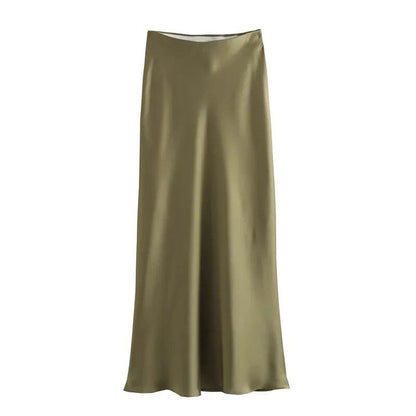 TRAF Women's 2024 High-Waisted Satin Skirt, Long, Summer, Black, Midi Length, Office, Elegant, Size: Parallel Import