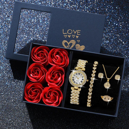 Fashionable Luxury Women's Gold Watch Bracelet Necklace Set, 6-Piece Set with Diamond Quartz Movement, Perfect Valentine's Day or Mother's Day Gift, Color: Gold, Parallel Import