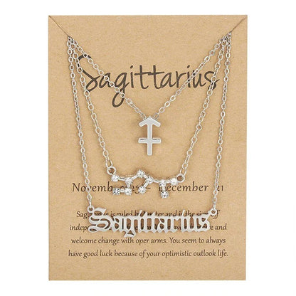 Set of 3 Women's 12 Zodiac Sign Necklaces with Pendant Chains, Chokers, Birthday Jewelry, Cardboard Cards, 45cm Long; Metal Color: 6252, Parallel Import