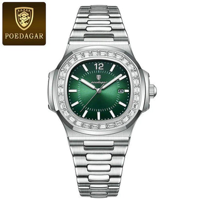 POEDAGAR Stainless Steel Men's Watch, Waterproof, Business Style, with Calendar, Quartz Movement, Luxury Laminated Square Design, Parallel Import