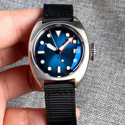 36mm Military Diver Mechanical Watch for Men, NH35, AR Dome Sapphire, Sunburst, Green/Red/Blue, Big Crown, Sport Nylon (No Logo), Parallel Import