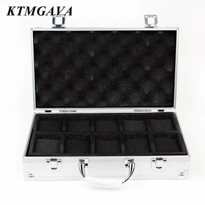 10/12" 18-Division Grid Aluminum Alloy Black Watch Storage Box, Jewelry Collection Box, Portable, Large Capacity, High-Quality Gift Box, Parallel Import