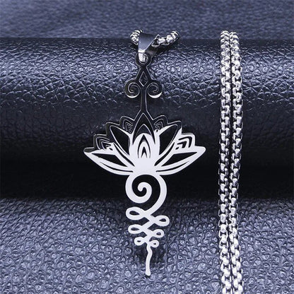 Hippie Stainless Steel Yoga Lotus Necklace for Women/Men, Spiritual Chakra Symbol Flower of Life Necklace, Jewelry Color N7067S02, Metal Color, Parallel Import