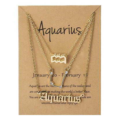 Set of 3 Women's 12 Zodiac Sign Necklaces with Pendant Chains, Chokers, Birthday Jewelry, Cardboard Cards, 45cm Long; Metal Color: 6252, Parallel Import