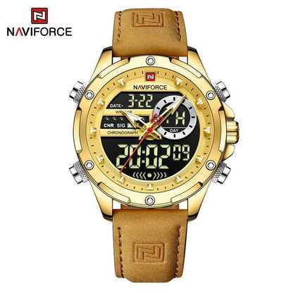 NAVIFORCE Men's Luxury Original Watch, Casual Sports Watch with Chronograph, Alarm, Quartz Movement, Leather Strap, Waterproof, Digital Watch, 9163, Color: Parallel Import