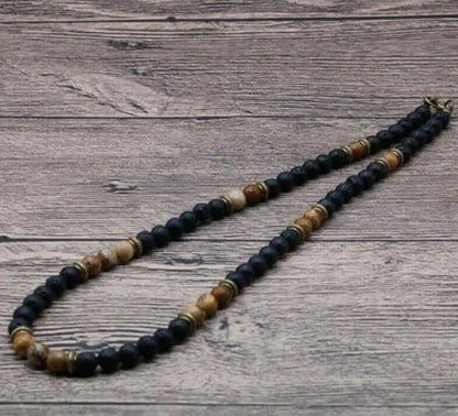 Classic Chakra Necklace for Men, Natural Lava Stone Color, Tribal Spiritual Collier, Punk Short Choker, Boyfriend Gift, Metal Color: Style, Parallel Import