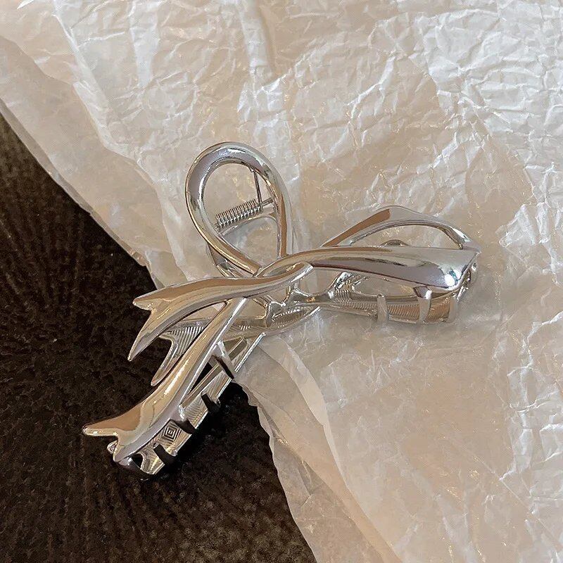 Set of 2 Geometric Metal Bow Hair Clips for Women, Gold, Silver, and Black, Bow Hairpins, Thick and Thin, Crab Clips, One Size; Imported