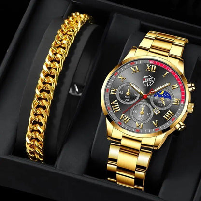 Set of 2 Men's Luxury Stainless Steel Quartz Watches with Calendar, Light-Up Chronograph Bracelet Watches, Black, Parallel Import
