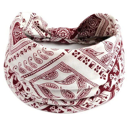 New Boho Floral Print Wide Headband with Vintage Knot Elastic Turban Headwrap for Women and Girls, Cotton Soft Bandana Hair Accessory, Parallel Import