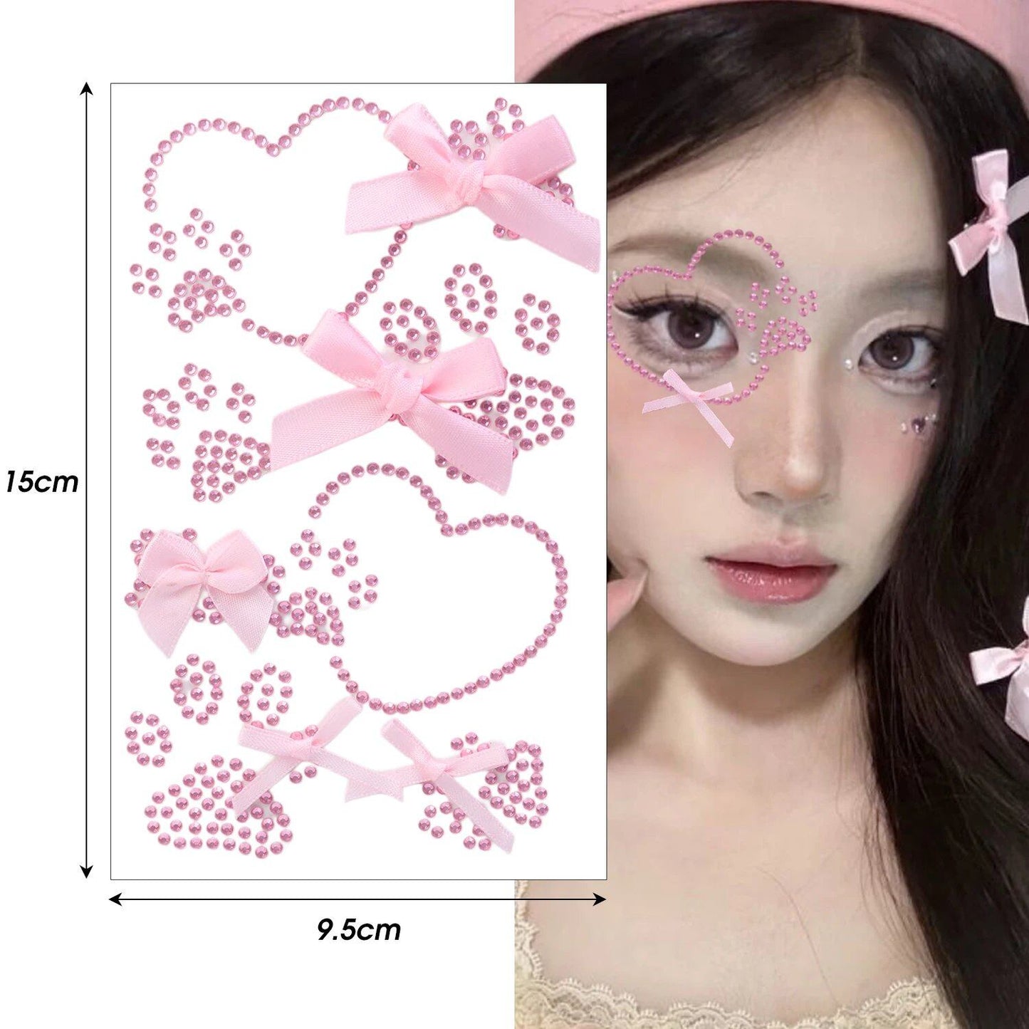 1/6 Piece Pink Ribbon Bow Sparkly Craft Face Jewelry Crystal Diamond Tattoo Stickers Cute Adhesive Heart Body Art for Parties (Parallel Import)