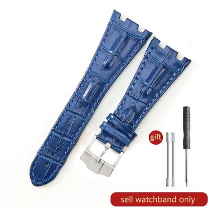 Sweat-resistant cowhide leather watch strap with folding buckle for AP Royal Oak Offshore models 15710, 15703, 15706, 26470, 26170, 26133, 26471, and 26474. Band Color: Brown; Band Width: 28mm. Imported.