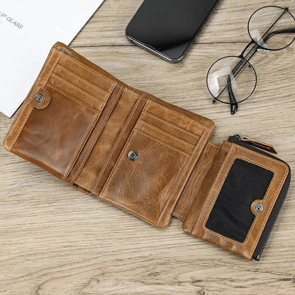 Newsbirds Leather Short Wallet, Card Case, Bifold, Coin Purse, Men's, Genuine Cowhide Leather with Zipper, Parallel Import