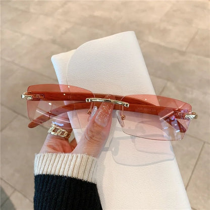 Men's and Women's Frameless Imitation Wood Grain Mirrored Leg Sunglasses, Fashionable, Parallel Import