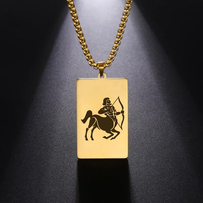 Men's 12 Zodiac Signs Pendant Necklace with Box Chain, Ancient Greek Style, Stainless Steel, Fade-Resistant, Zodiac Astrology Gift, 60cm Long; Metal Color: Parallel Import