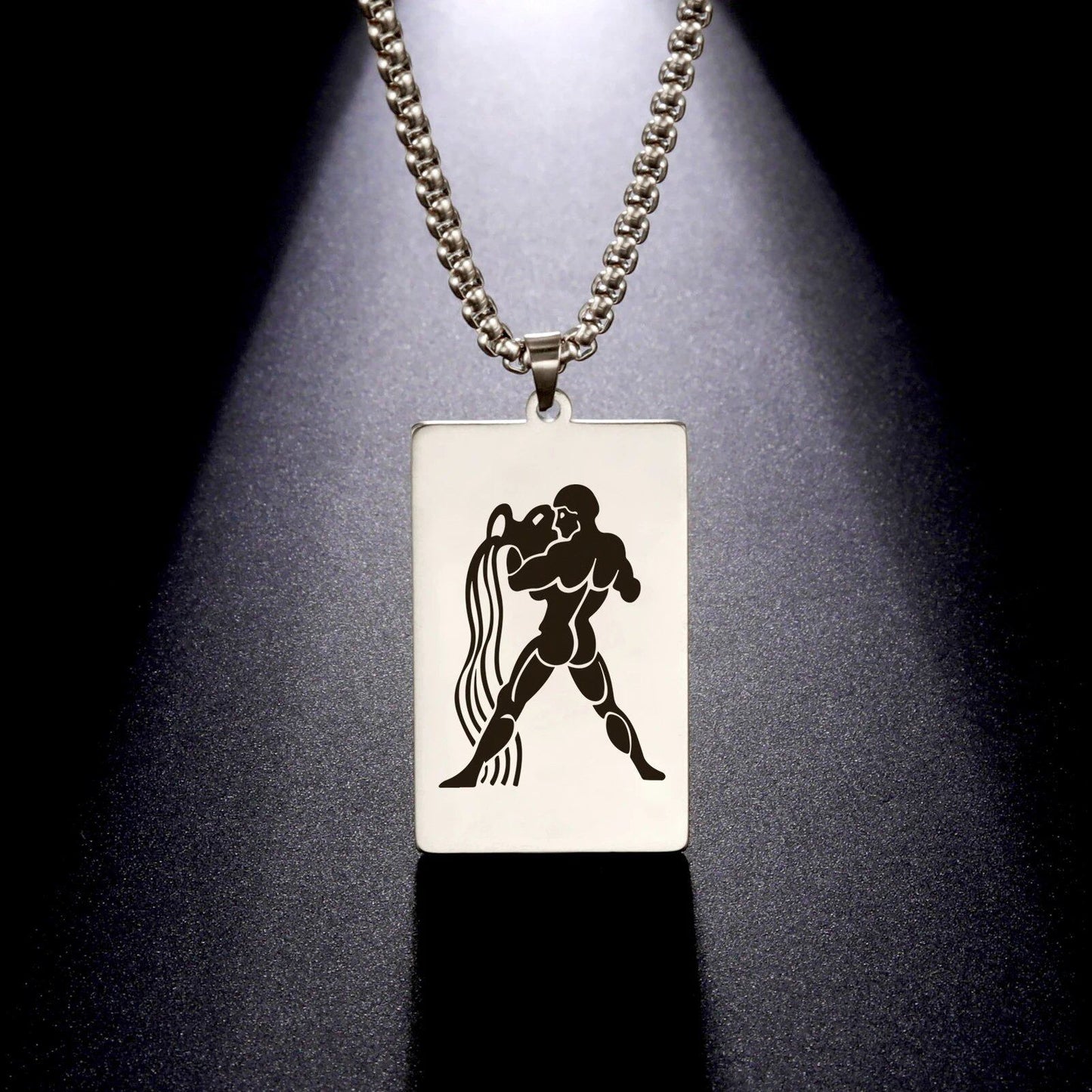 Men's 12 Zodiac Signs Pendant Necklace with Box Chain, Ancient Greek Style, Stainless Steel, Fade-Resistant, Zodiac Astrology Gift, 60cm Long; Metal Color: Parallel Import