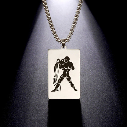 Men's 12 Zodiac Signs Pendant Necklace with Box Chain, Ancient Greek Style, Stainless Steel, Fade-Resistant, Zodiac Astrology Gift, 60cm Long; Metal Color: Parallel Import