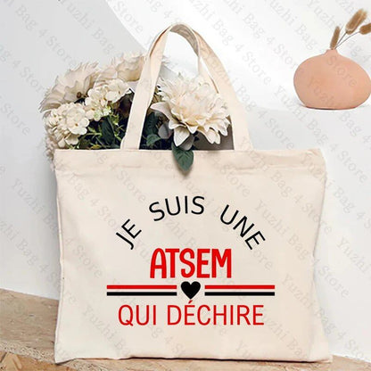 ATSEM フランス語 プレゼント トートバッグ - 教育アシスタント・保育プロフェッショナル向け コンパクトショッピングバッグ 女性用ショルダーバッグ カラー 並行輸入品