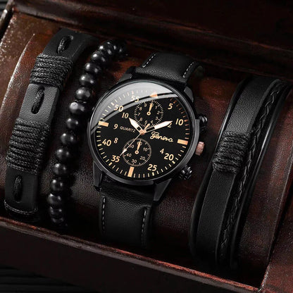 Set of 4 Men's Business Watches with Stylish Leather Straps and Analog Quartz Movement, Braided Bracelets (No Box) Color: Set of 4 (No Box) Parallel Import