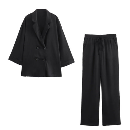 Women's Casual Blazer and Pants Set for Fall/Winter, Double-Breasted Long Sleeve Blazer and Wide-Leg Pants, Size: As Pictured, Color: Parallel Import