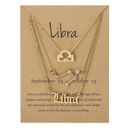 Set of 3 Women's 12 Zodiac Sign Necklaces with Pendant Chains, Chokers, Birthday Jewelry, Cardboard Cards, 45cm Long; Metal Color: 6252, Parallel Import